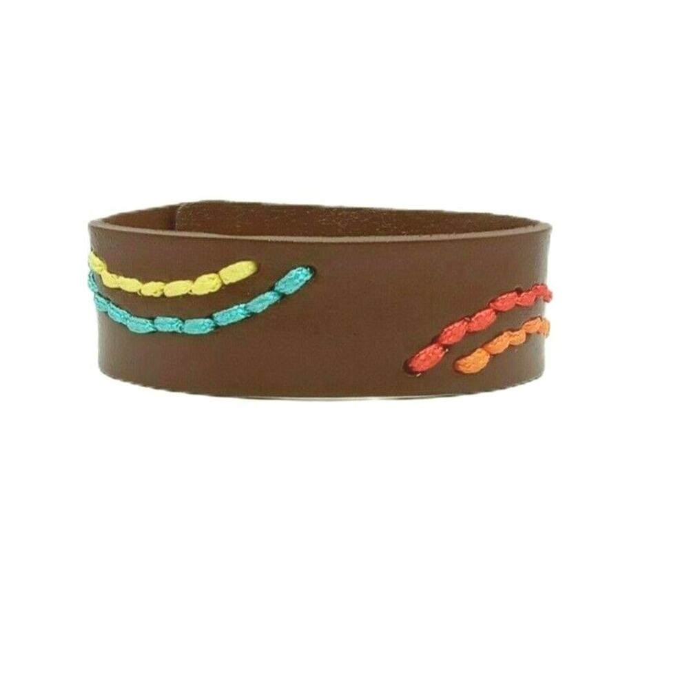 🌵 Southwestern Leather Bracelet Turquoise Orange Red Stitch Snap Closure 8.75"